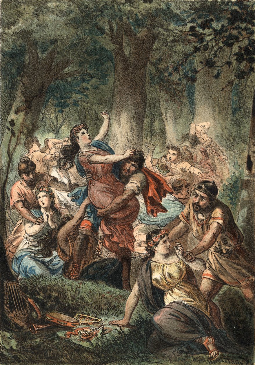 A szabinok elrablása a rómaiak által. Juan Justo Huguet, Molinas Hermanos szerkesztő 1881-es metszete „A szépség kultusza”-ban alkotó: Unknown artist