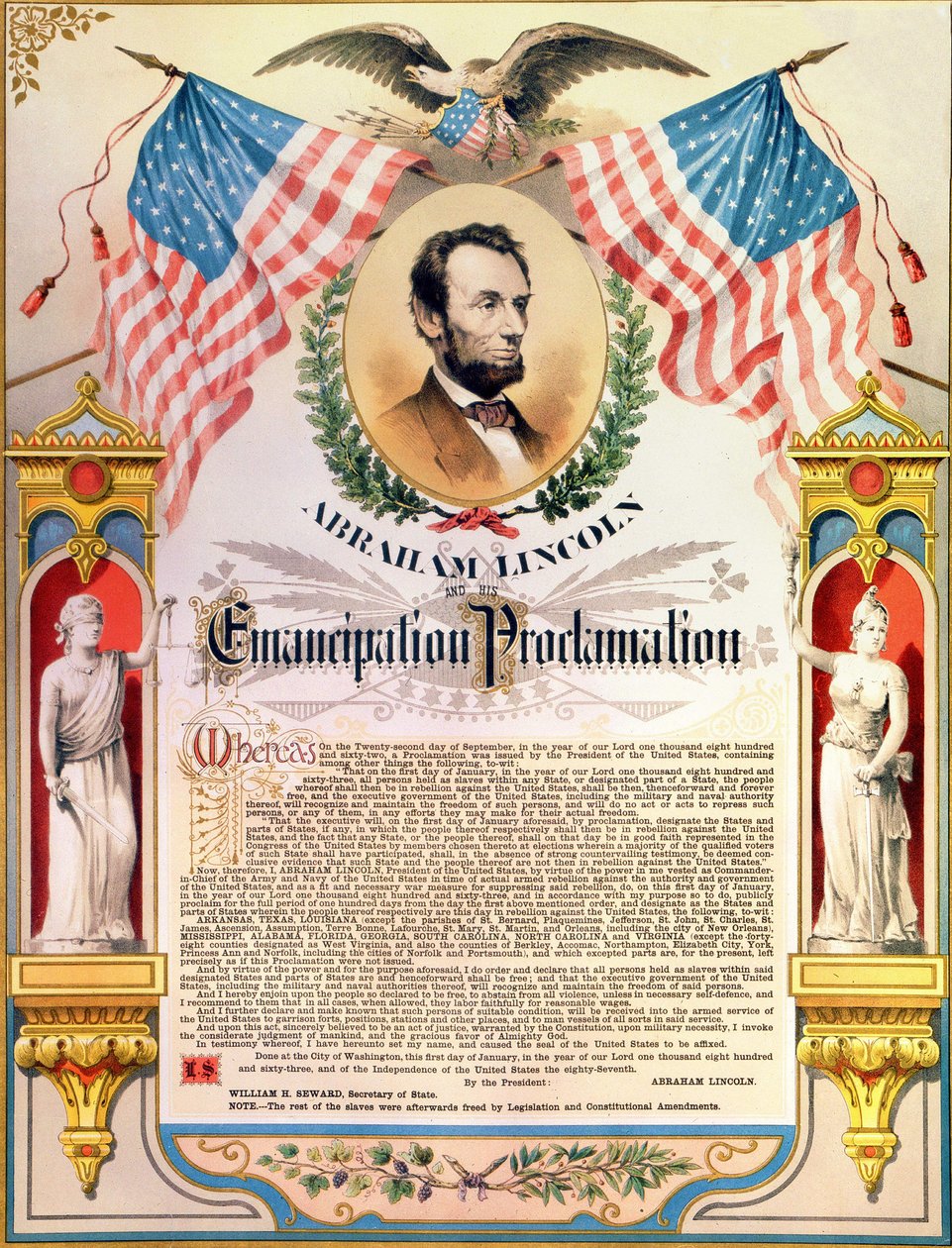 Abraham Lincoln és kiáltványa a rabszolgák (zászlók és sas) felszabadításáról. 1862.09.22. alkotó: Unknown artist
