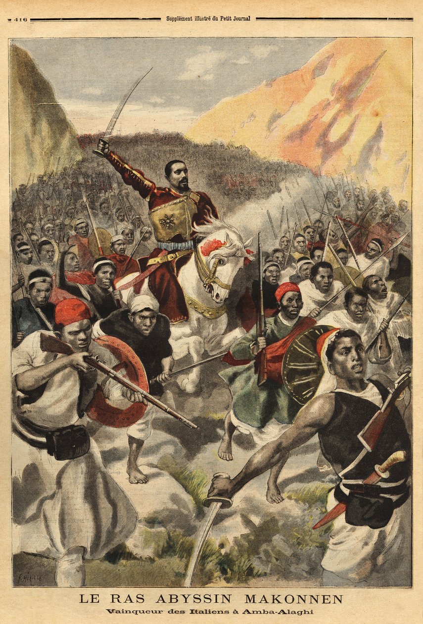 Abesszin Ras Ras Makonnen (Mekonnen Welde Mikael) (Abba Qagnew) (1852-1906), II. Menelik császár (1844-1913) hadvezére és jobb karja csapataival, Amba Alaghi győztese, a Toselli őrnagy vezette olasz hadseregből . Metszet a „” Le petit Journal-ban alkotó: Unknown artist