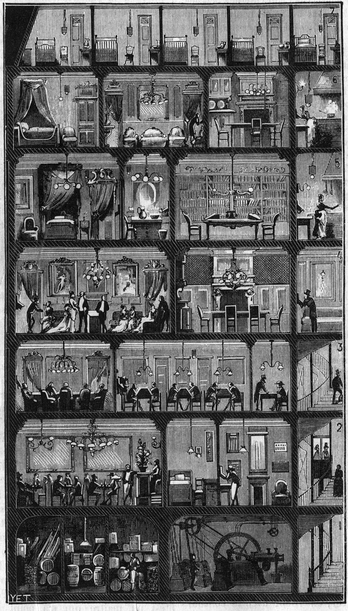 Szállás Párizsban - Egy párizsi Haussmann épület keresztmetszete 1885-ben. Az emeleten a jó szobák, a többi szinten irodák, apartmanok és fogadóterem (megbeszélés). Metszet a „” La Nature-be. Tudományok áttekintése és alkalmazásaik a alkotó: Unknown artist