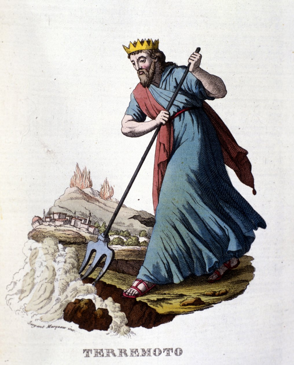 A görög mitológia szerint a földrengéseket Neptunusz okozza, aki háromágújával megrázza a földet. századi metszet. alkotó: Unknown artist