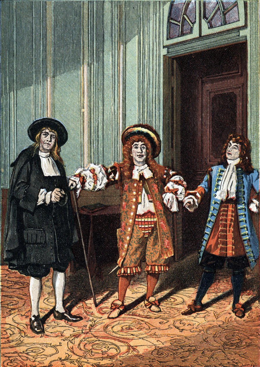 A „Le Bourgeois Gentilhomme” II. felvonása” vígjáték-balett öt felvonásban, Moliere prózában. A filozófus mester (Mr. Lenoir), a tánc mestere (Mr. Truffier), Mr. Jourdain (Mr. Coquelin fiatalabb). 1890 körül. alkotó: Unknown artist
