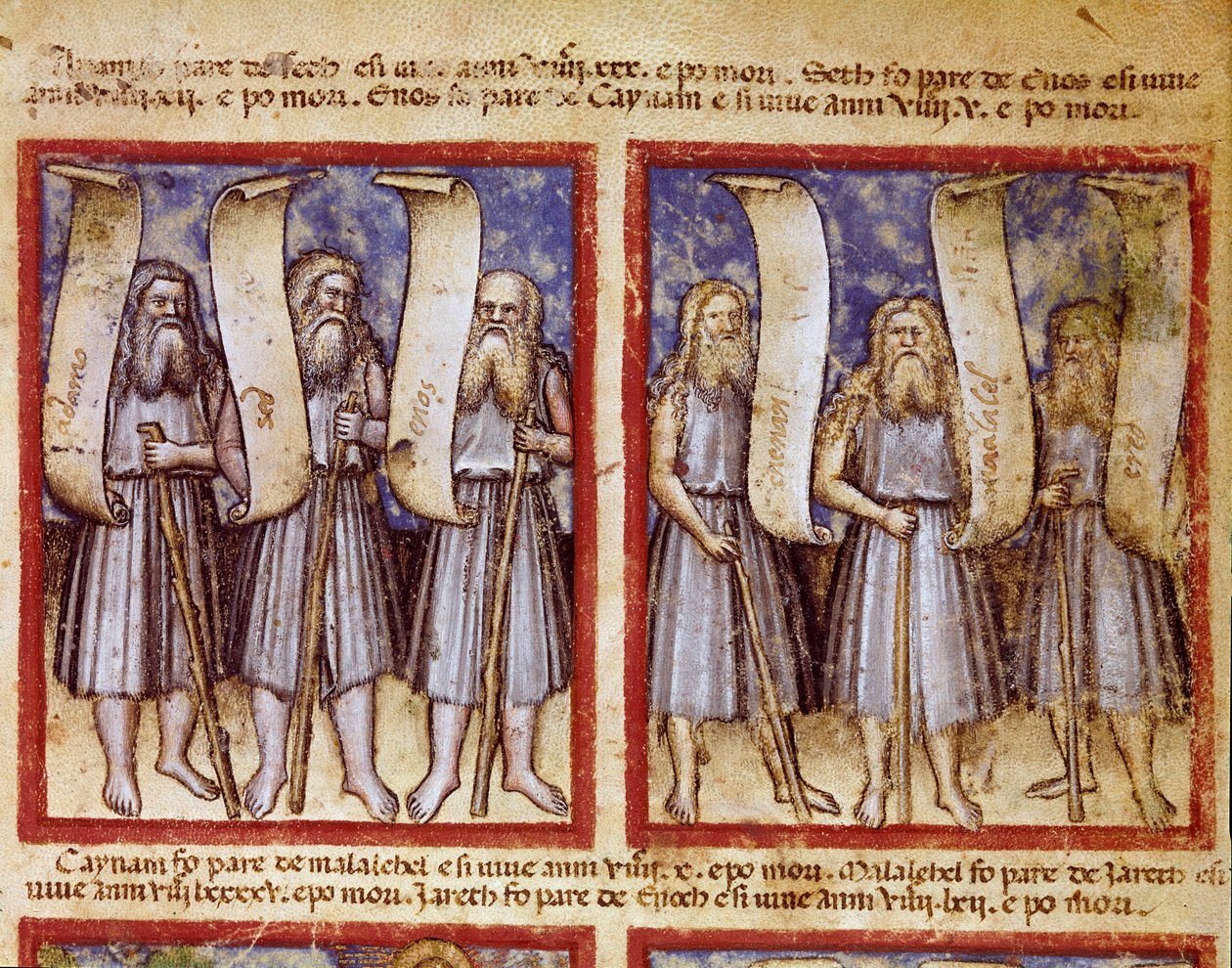 Ádám genealógiáját Seth, Énok (Énok vagy Énós), Kenan, Mahalalel (Mahalalel) és Jared (vagy Járed), a Miniatűr Biblia nagy pátriárkái követik. alkotó: Unknown artist