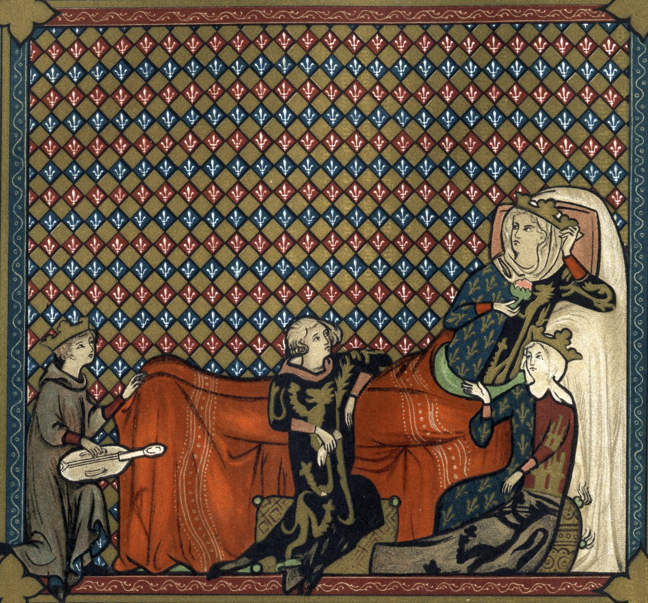 Adenet le Roi (körülbelül 1240-1300 körül), költő és menestrel, Cleomades regényét szavalja Mathilde de Brabant (1224-1288) és Blanche kasztíliai hercegnő (Szent Lajos lánya) előtt. Fakszimile a 19. századi kromolitográfiában miniatűr után alkotó: Unknown artist