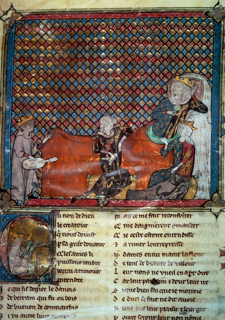 Adenet le Roi (körülbelül 1240-1300 körül), költő és menestrel, Cleomades regényét szavalja Mathilde de Brabant (1224-1288) és Blanche kasztíliai hercegnő (Szent Lajos lánya) előtt. Miniatűr francia költészeti gyűjteményből alkotó: Unknown artist