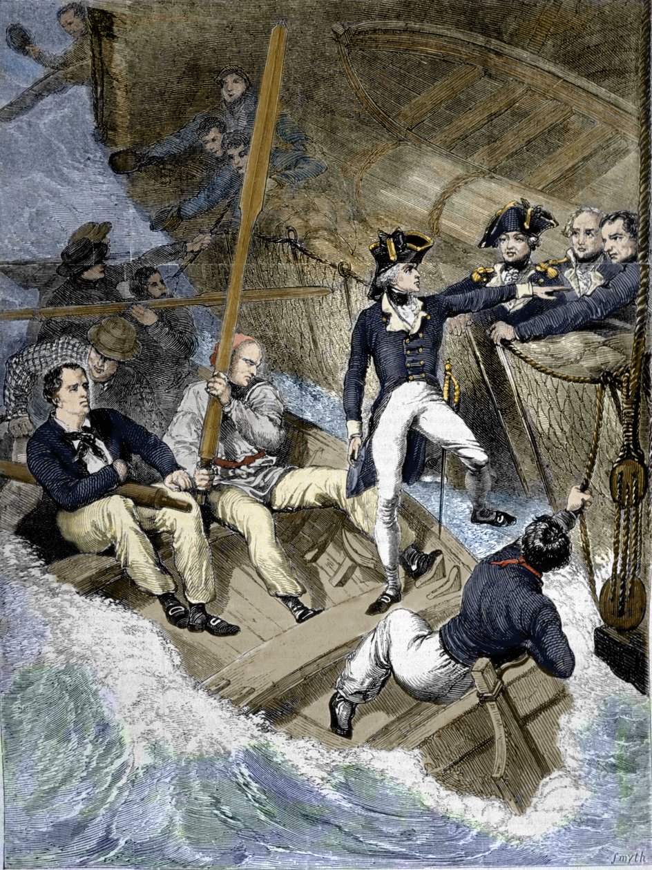 Nelson admirális a Santa Cruz de Tenerife-i csata során (Tenerife), Kanári-szigetek: „Most rajtam a sor; ha nem hiszem, a tiéd lesz...” Metszet West festményéről. alkotó: Unknown artist