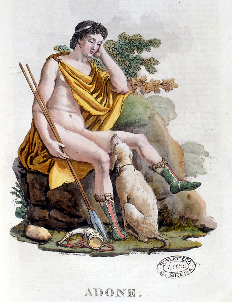 Adonisz. Föníciai eredetű görög isten. 19. századi metszet. Biblioteca nazionale Braidense. Milánó alkotó: Unknown artist