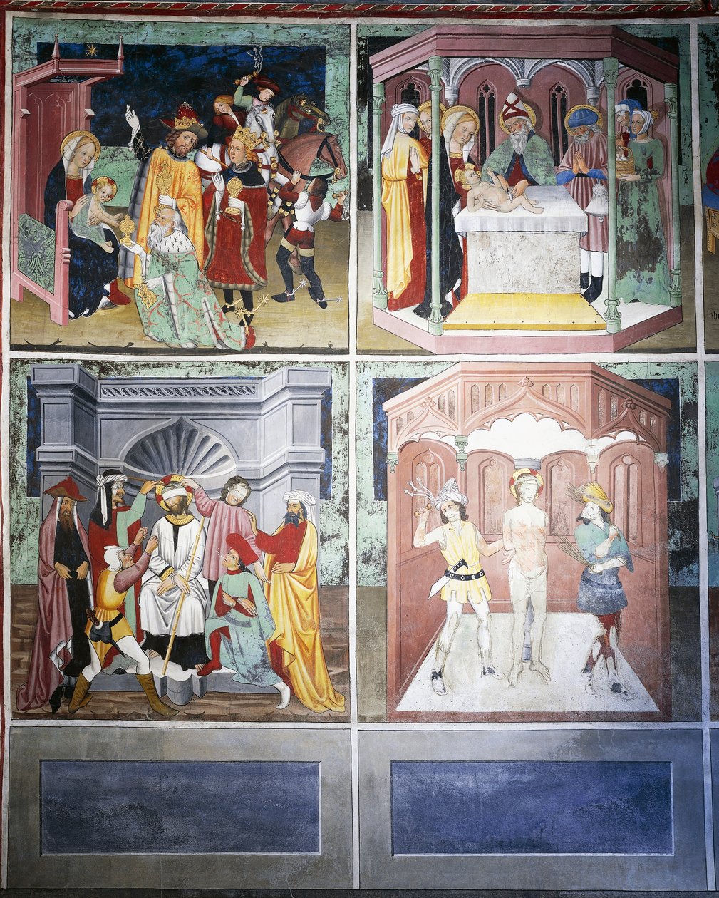 Mágusok imádása, körülmetélés, gúny, korbácsolás, Krisztus élete (15. század), freskók, Szent Sebastian-kápolna, Villard-de-Lans, Rhône-Alpes, Franciaország. alkotó: Unknown artist