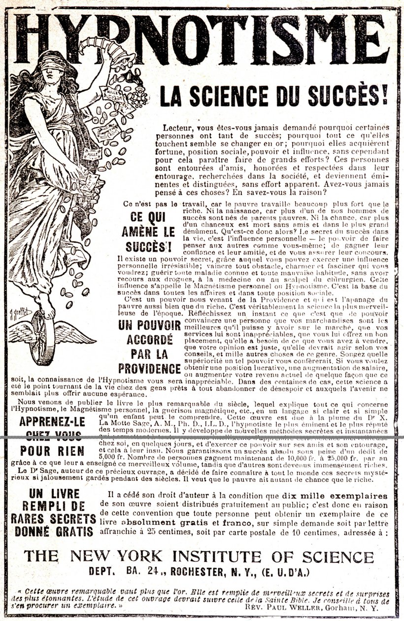 Reklám egy hipnóziskönyvhez – a „Le Petit Journal”-ban” alkotó: Unknown artist