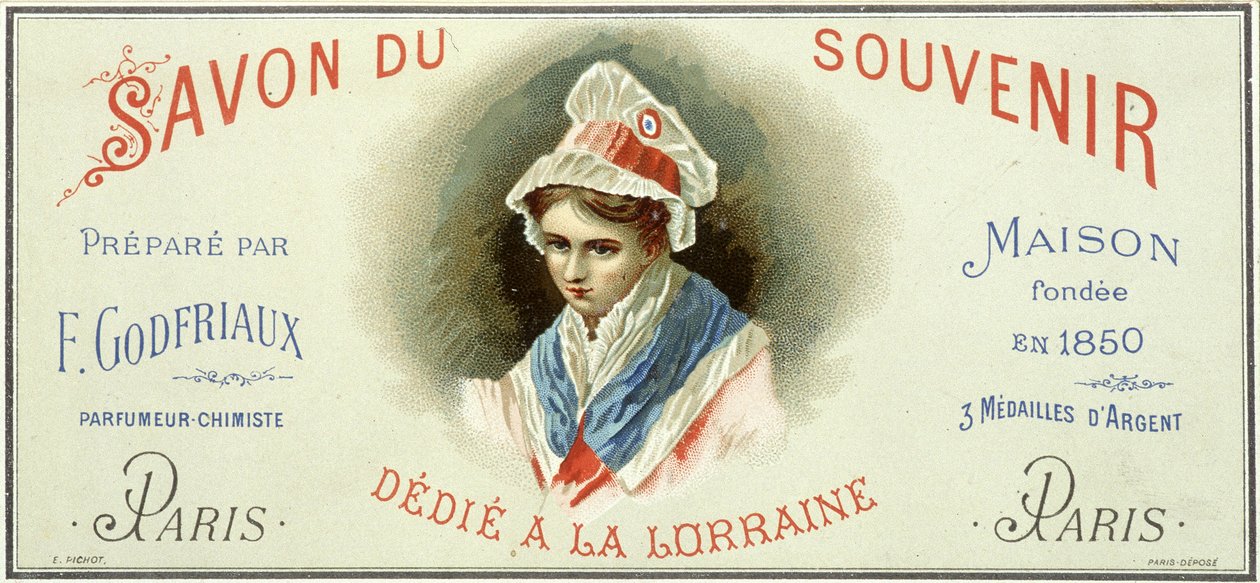 A „Soap du souvenir, F. Godfriaux által készített – 1850-ben alapított Maison” reklámcímkéje. Kromolitográfia 19. század. alkotó: Unknown artist