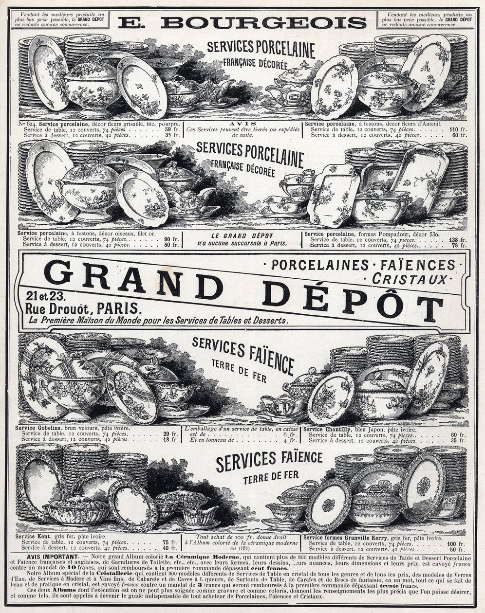 1889-es reklám a „La Ceramic Moderne by Le Grand Depot De Porcelaines, Faiences Et Verreries Bourgeois Párizsban” számára alkotó: Unknown artist