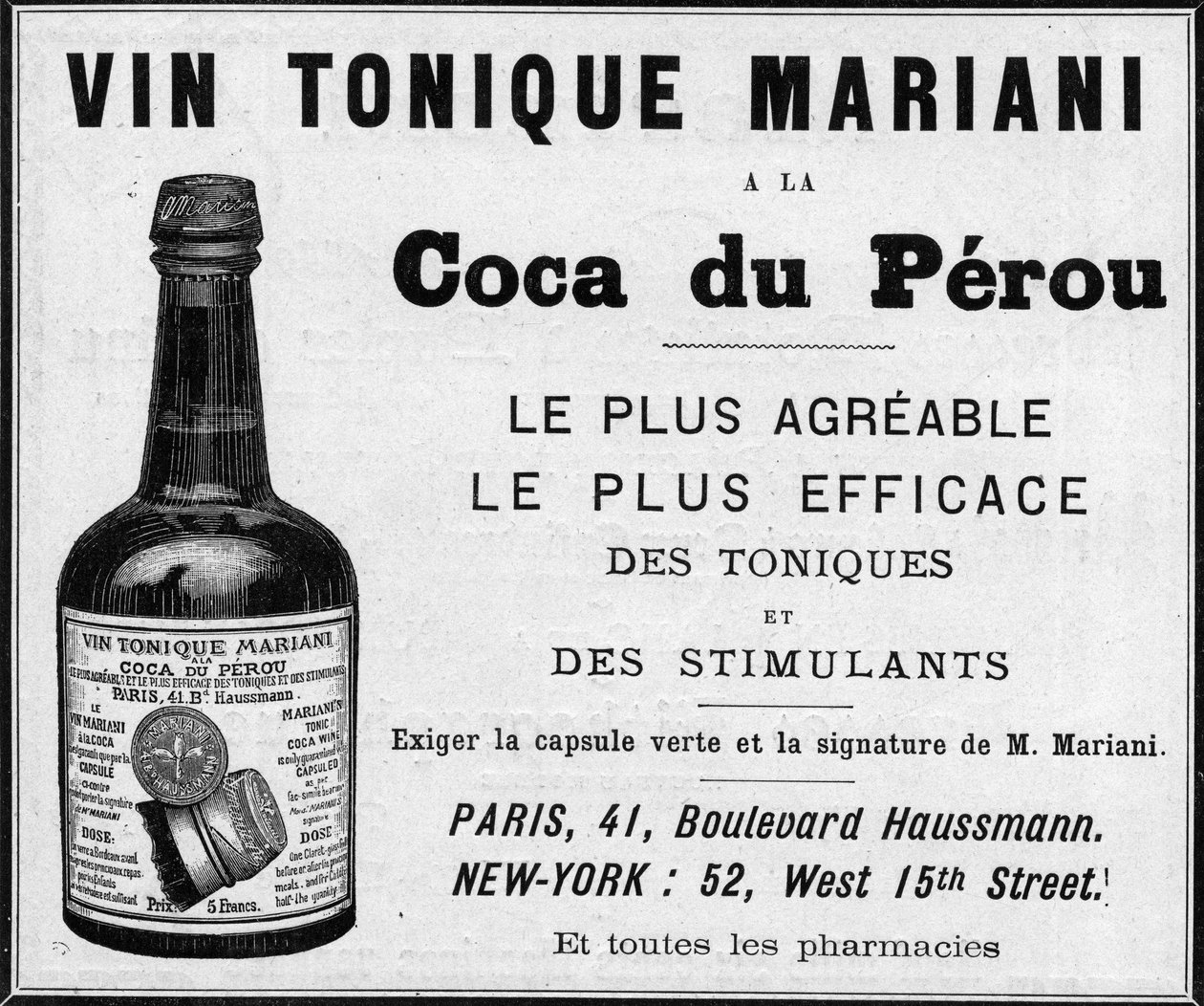1889-es reklám a „Bor tonik Mariani a la coca du perou” (kokain) számára alkotó: Unknown artist
