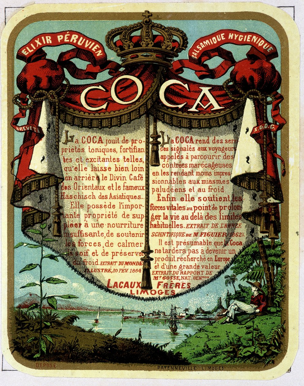 A Coca (kokainból kivont termék) reklámozása: „” The Peruvian Balsamic Hygienic Exilir COCA””, 19. századi kromolitográfiája. alkotó: Unknown artist