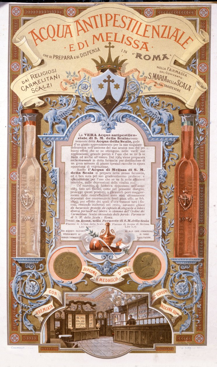 Illatos víz reklámozása: víz citromfűjárvány ellen. 1895-ös kromolitográfia alkotó: Unknown artist