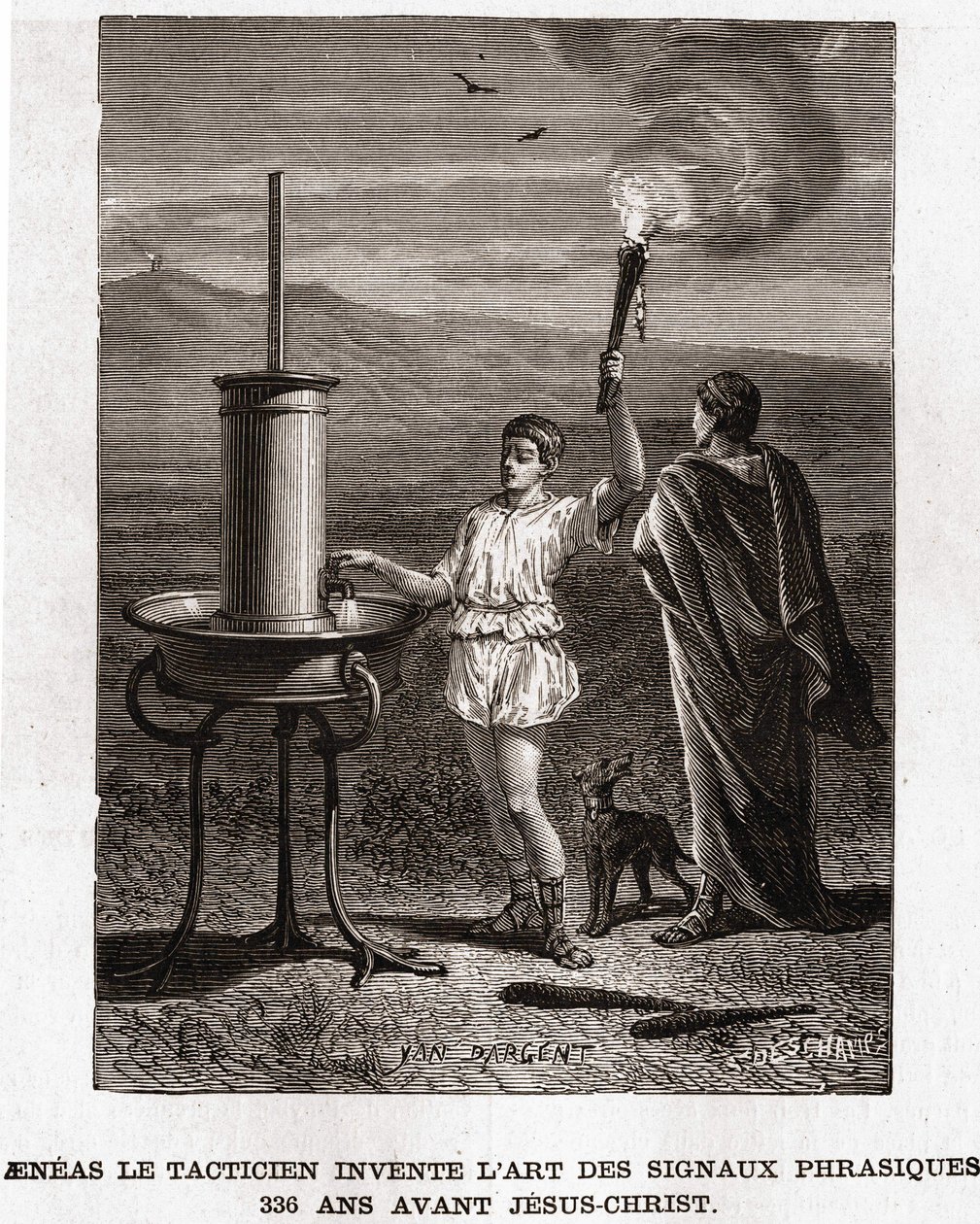 Aeneas, a taktikus feltalálja a frázikus jelek művészetét, ie 366-ban. 19. századi metszet, bianchetti gyűjtemény alkotó: Unknown artist