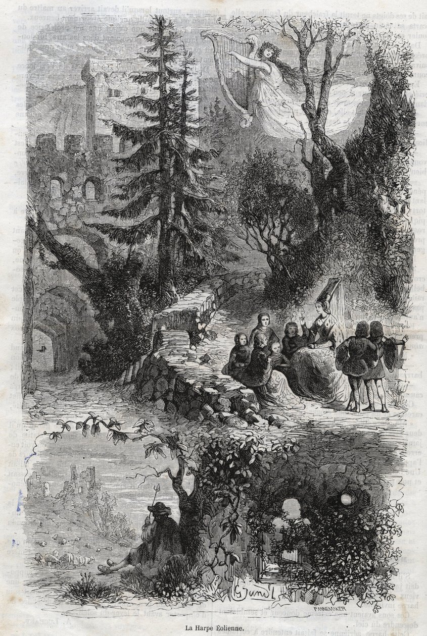 Lipari hárfa - szélhárfa - Arpa eolia - Fúvós hárfa - szél által játszott hangszer - metszet 1860-ból alkotó: Unknown artist