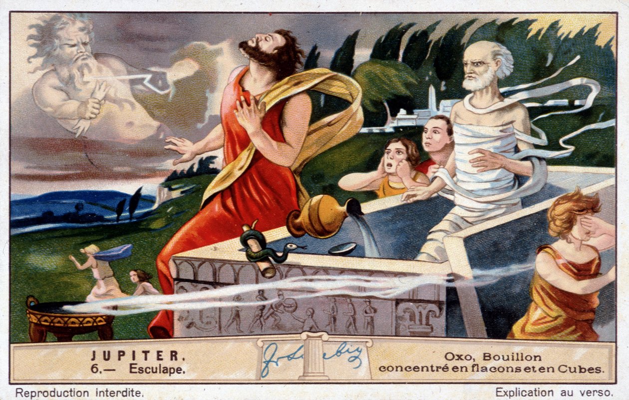 Az Aesculapus meghalt, a Jupiter robbantotta fel a halottak feltámasztását – Oxo kromolitográfiával, Liebig alkotó: Unknown artist