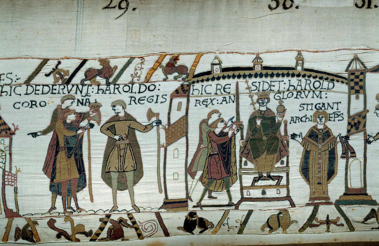 Hitvalló Edward halála után Harold koronás király lett II. Harold néven 1066-ban. Részlet a bayeux-i kárpitról vagy Mathilde királynő hímzéséről alkotó: Unknown artist