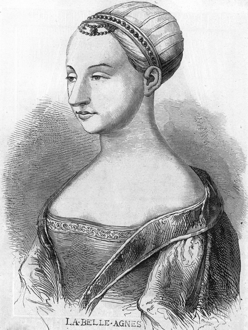 Agnes Sorel (1422-1450) (Beaute sur Marne hölgye) (Beaute-sur-Marne), „La Belle Agnes” néven ismert, VII. Károly kedvence. századi metszet. alkotó: Unknown artist