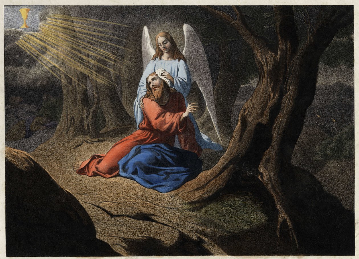 Agónia a kertben – Krisztus imája az olajfák kertjében. Névtelen metszet a 19. század közepéről. alkotó: Unknown artist