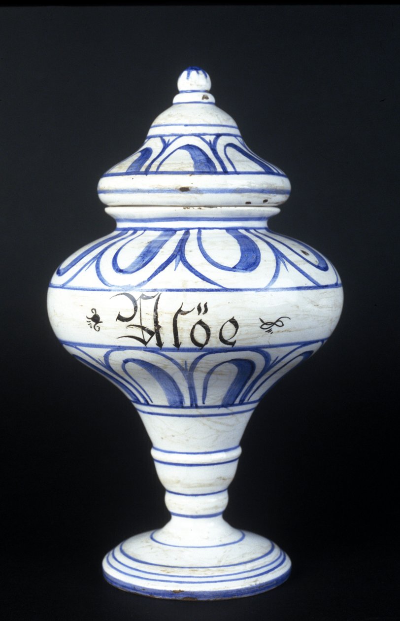 Albarelle: Aloét tartalmazó 16. századi gyógyszertári váza. Tudományos és Technológiai Múzeum, Milánó. alkotó: Unknown artist