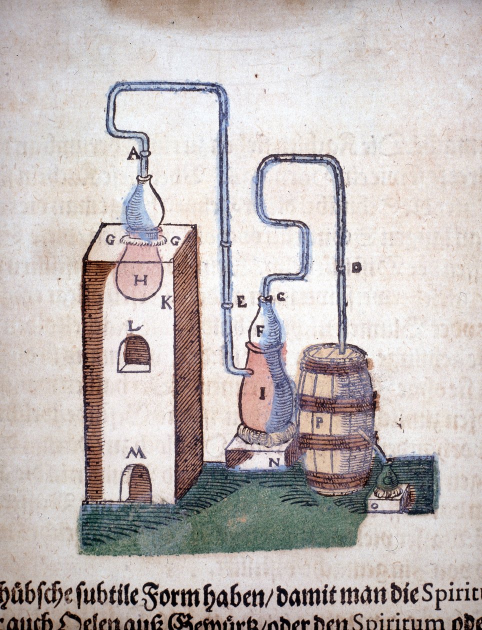 Alkímia: Desztilláló készülék, Pietro Andrea Mattioli (Matthiole) (1500-1577) könyvéből. Frankfurt alkotó: Unknown artist