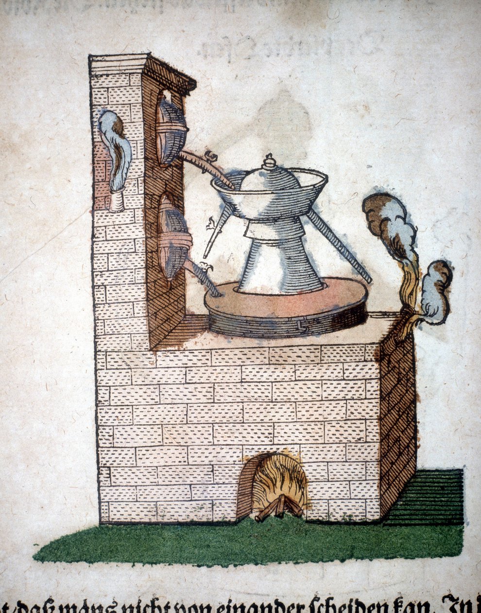 Alkímia: desztillációs készülék, Pietro Andrea Mattioli (Matthiole) (1500-1577) könyvéből. Frankfurt alkotó: Unknown artist