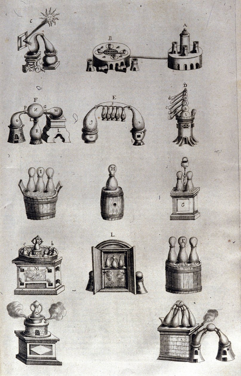 Alkímia: a desztillálóberendezések és lepárlókészülékek különböző modelljeit ábrázoló tábla. Athanase Kircher (vagy Athanasius Kircheri 1602-1680), német jezsuita. 17. századi metszet. alkotó: Unknown artist