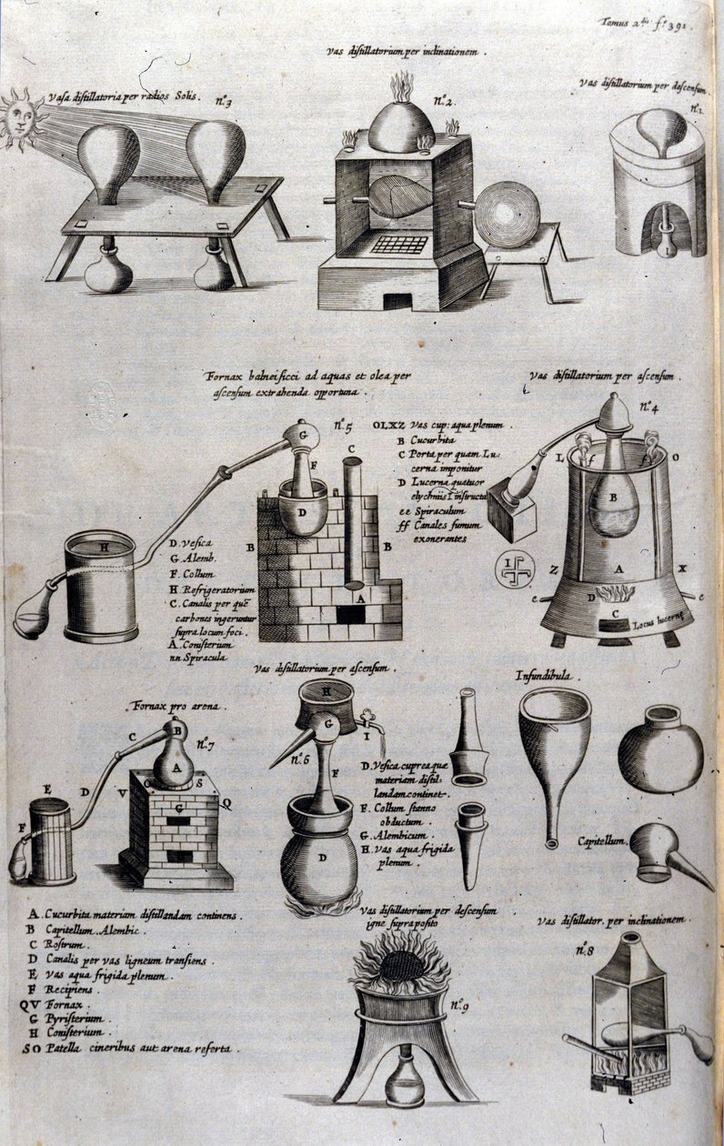 Alkímia: a desztillálóberendezések és lepárlókészülékek különböző modelljeit ábrázoló tábla. Athanase Kircher (vagy Athanasius Kircheri 1602-1680), német jezsuita. 17. századi metszet. alkotó: Unknown artist