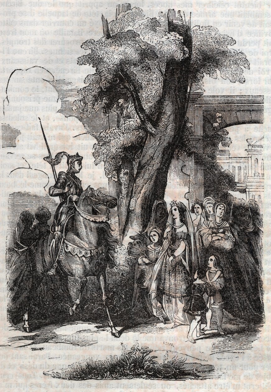 Alcina és udvara eljön, hogy köszöntse Ruggierót - 1851-es metszet Ludovico Ariosto Orlando furioso (1516) című verséből, - Tressan gróf olasz nyelvről fordított kiadása, Gustave Harvard 1851. alkotó: Unknown artist