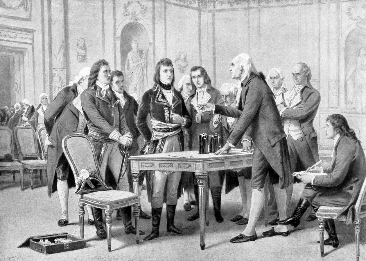 Alessandro (Alexandre) Volta elmagyarázza Napóleon Bonapartenak az elektromos akkumulátorának elvét – Kraemer „Az Univerzum és az emberiség” című művében alkotó: Unknown artist