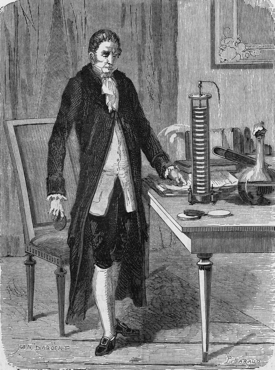 Alexander (Alessandro) Volta 1799 decemberében megépítette az elektromos motort (vagy akkumulátort). A „tudomány albumában”, Editions Jouvet alkotó: Unknown artist