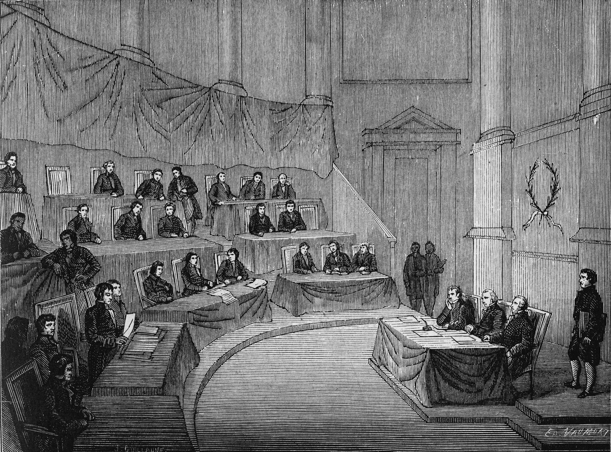 Alexandre (Alexandre) Volta a Tudományos Akadémia előtt Bonaparte első konzul jelenlétében felolvasta a cölöpről szóló tézisét november 18-án. alkotó: Unknown artist