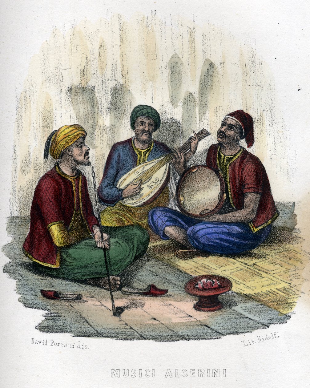 Algériai zenészek. Léon Galibert „Ősi és modern Algériájában”. Olasz kiadás 1846 színes. alkotó: Unknown artist