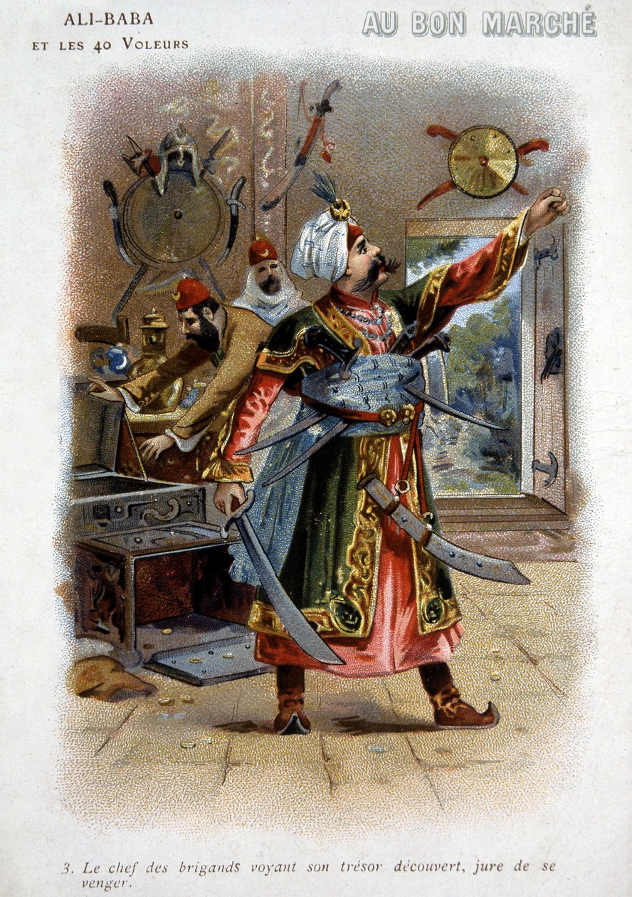 Ali - Baba (Ali Baba) és a 40 tolvaj (ezeregy éjszaka meséi): A rablók főnöke, látva kincsét feltárva, bosszút esküszik - A „Jó Március” kartonja, 19. század vége alkotó: Unknown artist