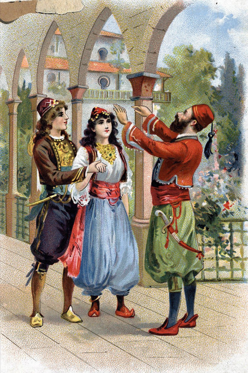 Ali Baba. (Ali-Baba) (Az Ezeregyéjszaka meséi): Morgiane jutalmazására Ali Baba feleségül adja Fiának. századi kromolitográfiája alkotó: Unknown artist