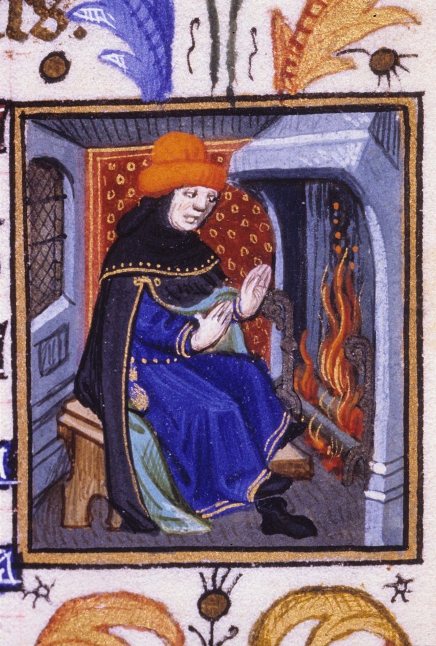 Február allegorikus ábrázolása. Egy férfi felmelegszik a kandallója előtt. 14. századi kézirat miniatűrje. alkotó: Unknown artist