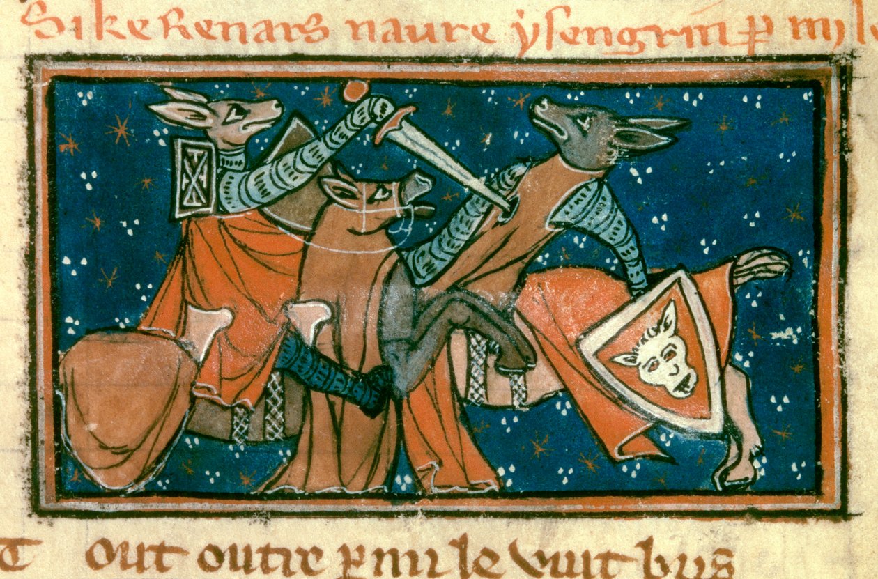 Allegória a középkor társadalmáról: „A róka megsebesíti Isengrimet az egyedülálló harcban”. Miniatűr Jacquemars Gielee „The Roman De Renart Le Nouvel” kéziratából alkotó: Unknown artist