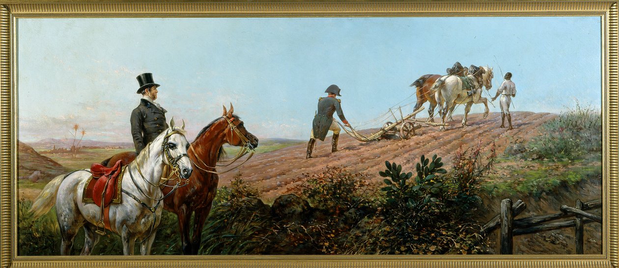 Napóleont ábrázoló allegória, amint fekete szolgája felügyelete alatt szántott Szent Ilonában, olaj, vászon, Olivier Pichat (1825-1912) alkotó: Unknown artist