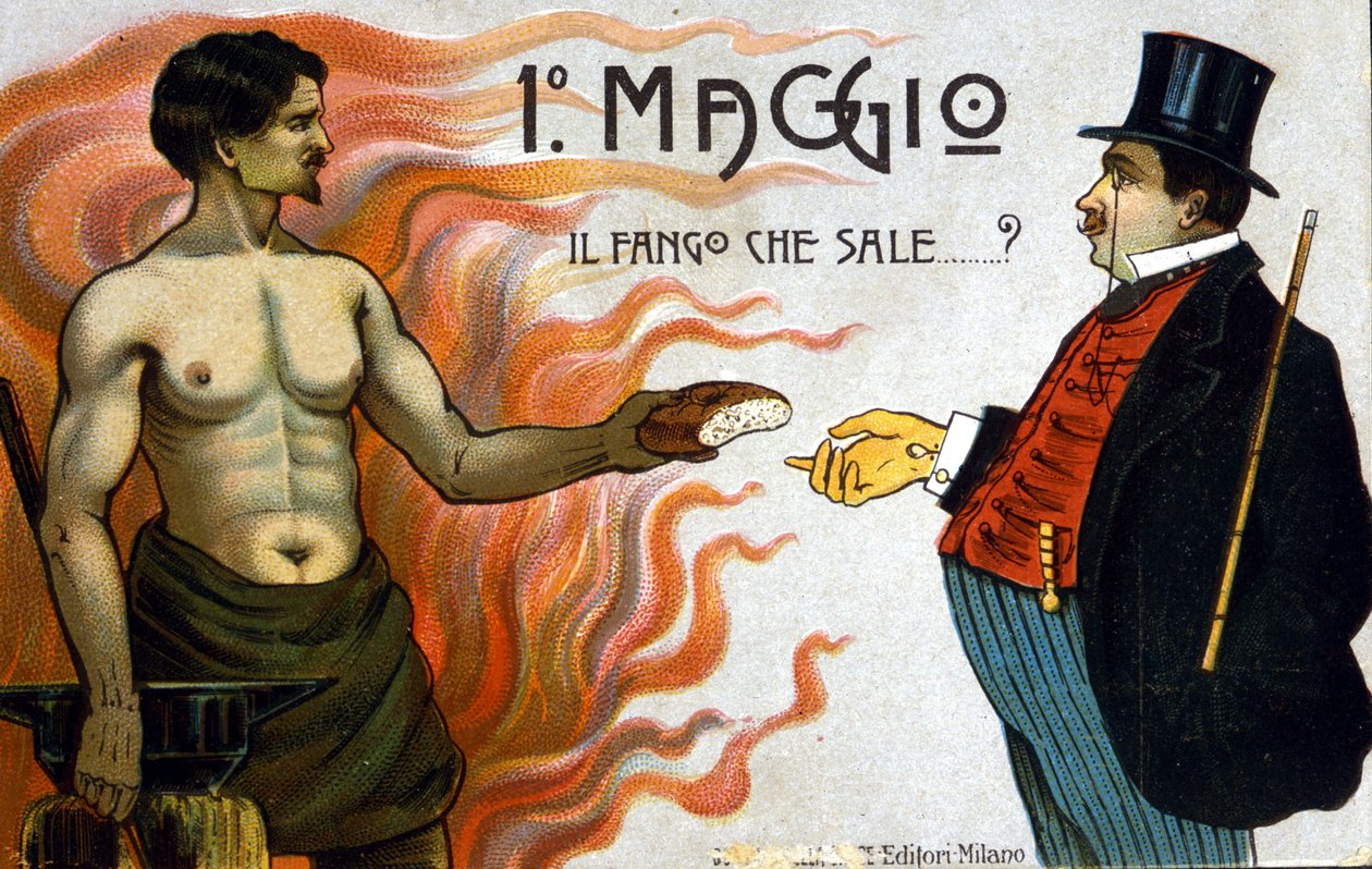 Osztályharcok allegóriája: Május 1.: felszáll a sár, a munkás kenyeret kínál u egy burzsoá. 1898 alkotó: Unknown artist