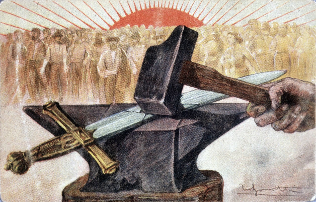 A szocializmus allegóriája munkásszimbólumokkal (üllő és kalapács). alkotó: Unknown artist