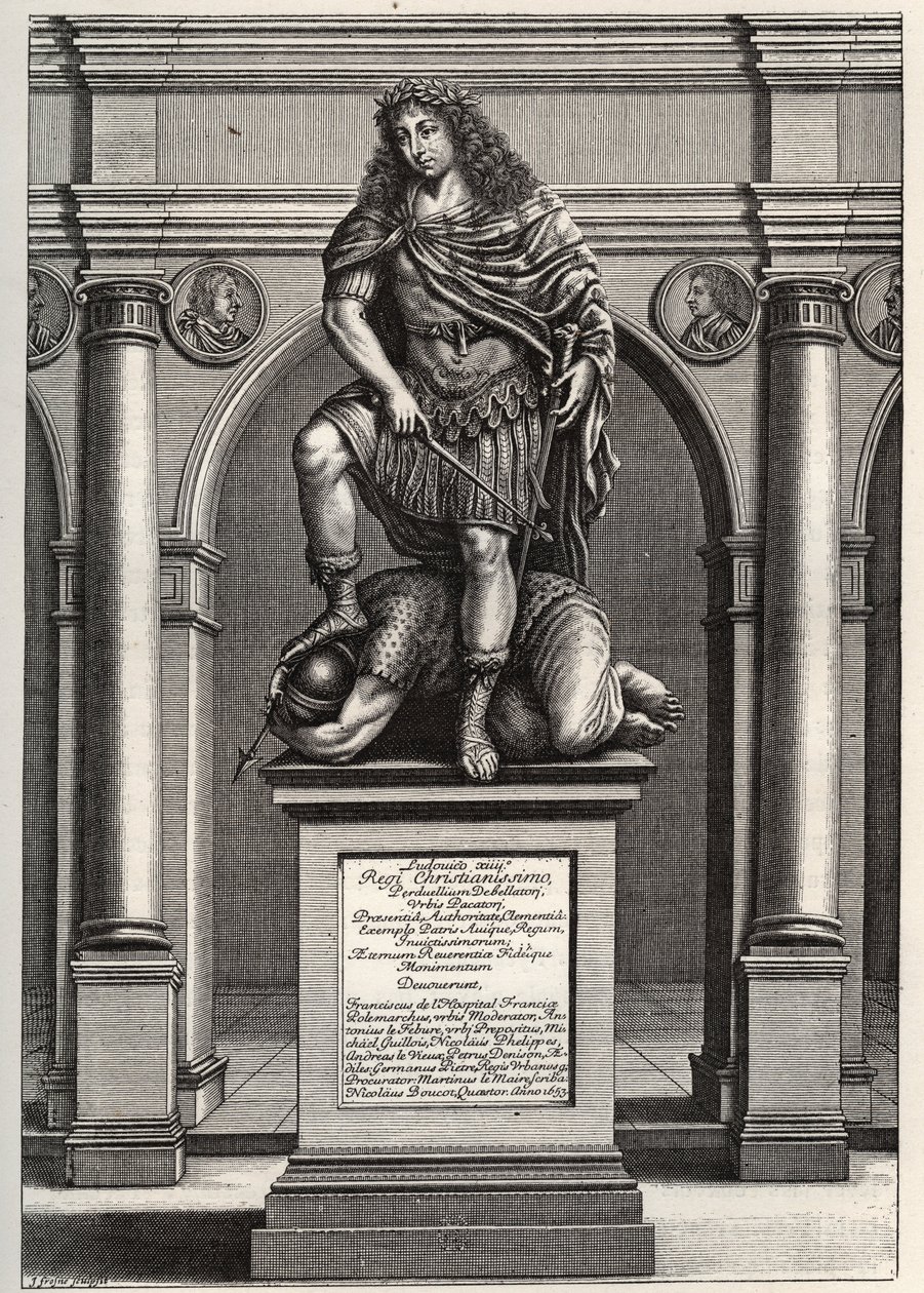 XIV. Lajos királyt (1638-1715) ábrázoló allegória, aki legyűrte ellenségeit. J. Frosne metszete 1653-ból. Magángyűjtemény. alkotó: Unknown artist