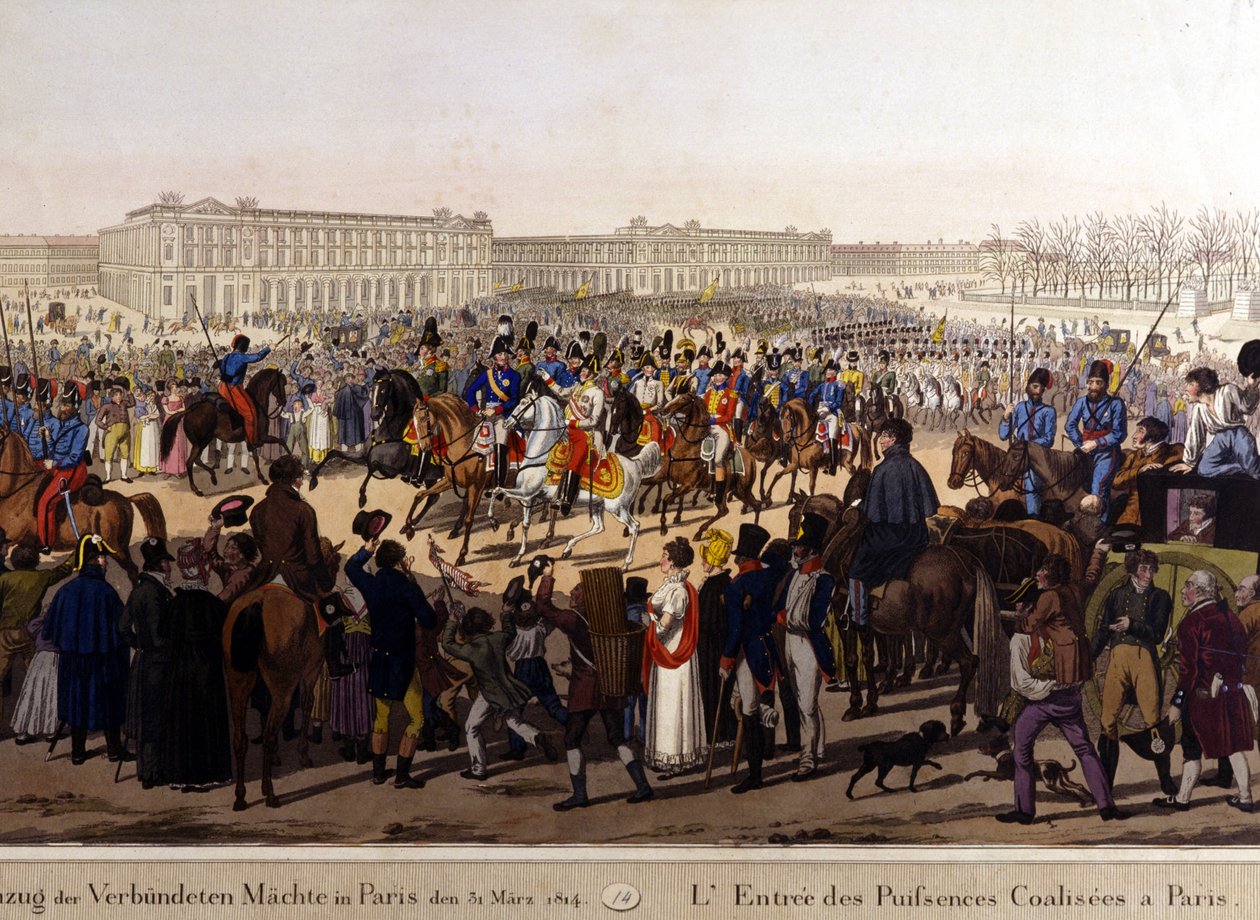 A szövetségesek 1814. március 31-én vonultak be Párizsba (I. Sándor Oroszország, I. Ferenc József osztrák császár és III. Frigyes Vilmos porosz király.) XIX. századi metszet alkotó: Unknown artist