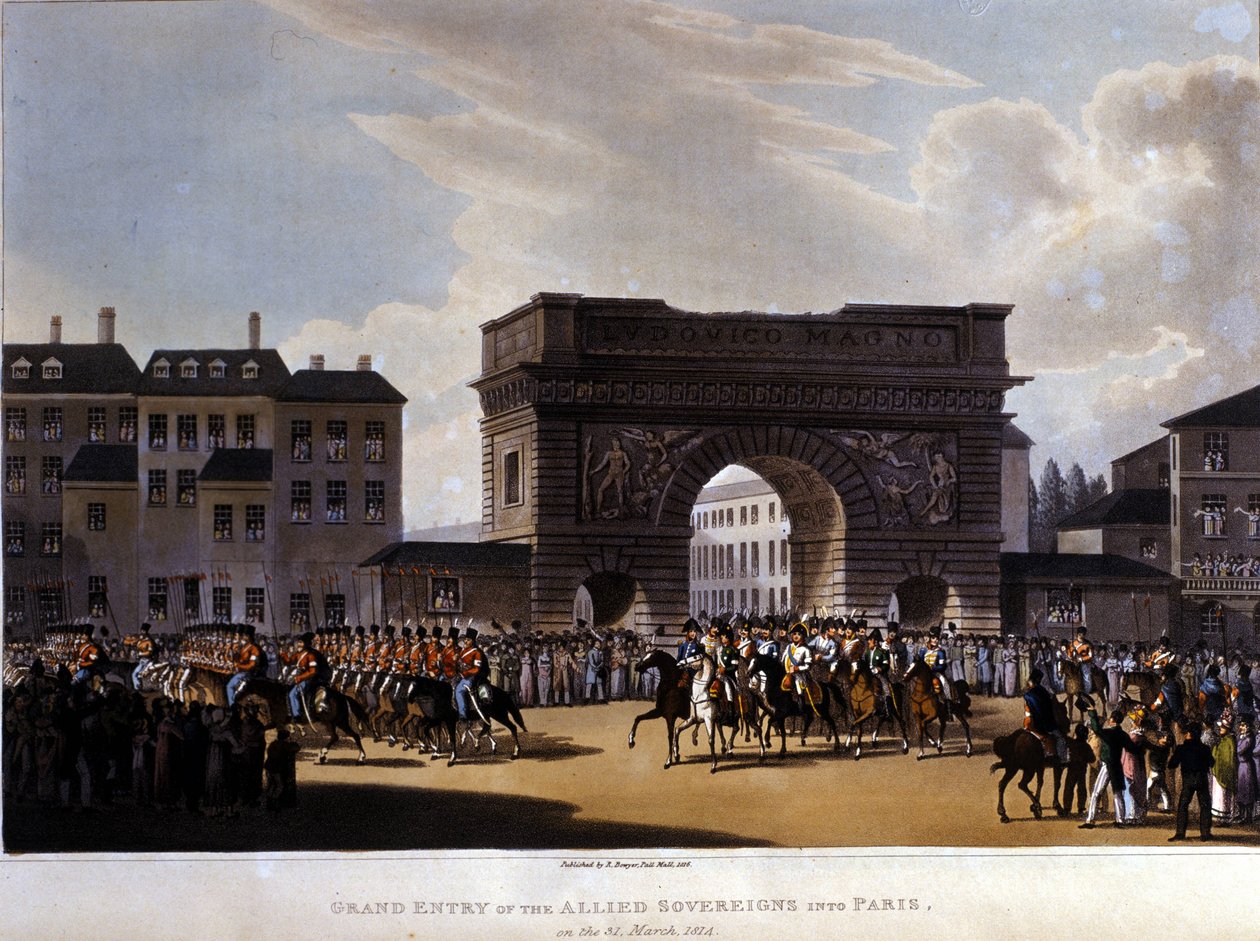 A szövetségesek 1814. március 31-én vonultak be Párizsba (I. Sándor Oroszország, I. Ferenc osztrák császár és III. Frigyes Vilmos porosz király) 1826-os metszet alkotó: Unknown artist