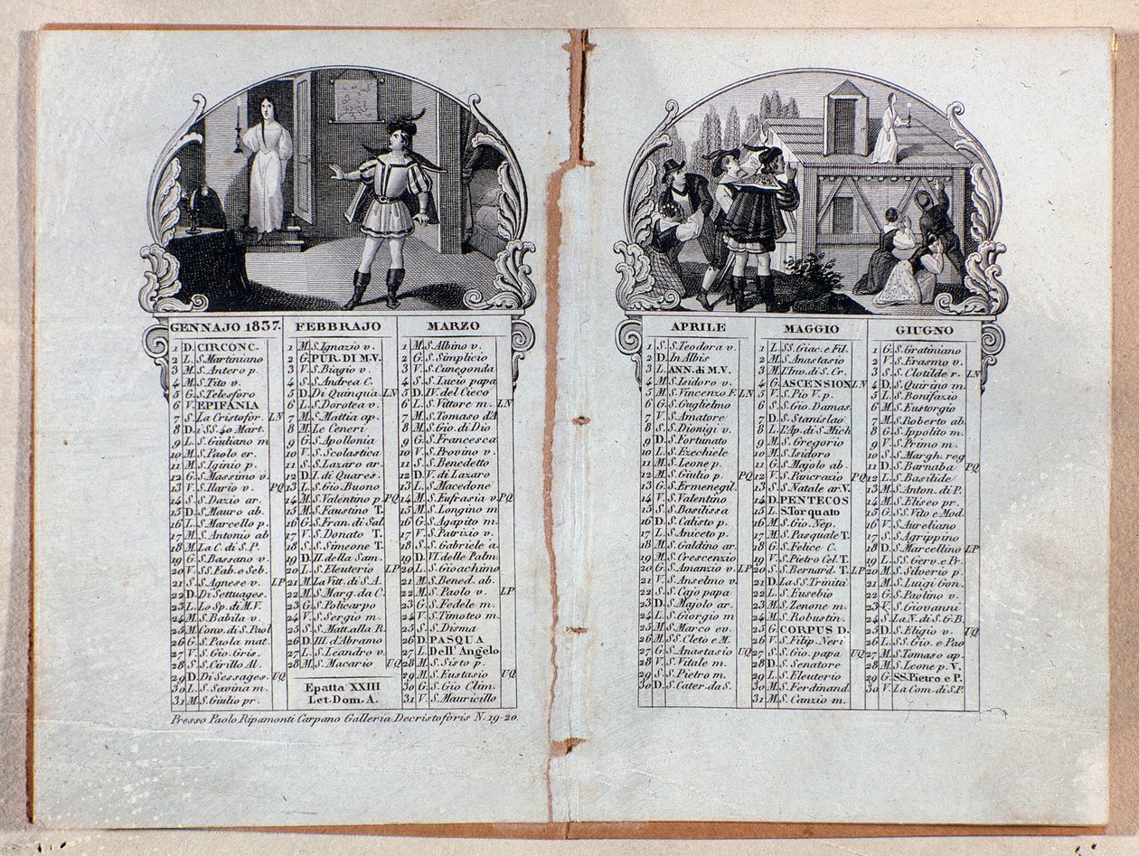 Az 1837-es év almanach-naptára Vincenzo Bellini La sonnambula című operájának jeleneteit díszítette alkotó: Unknown artist