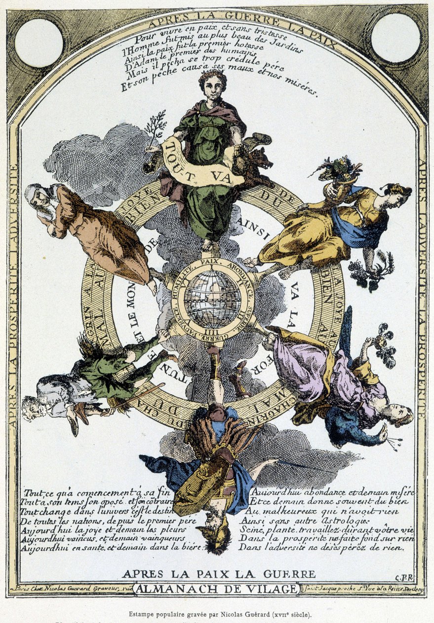 Almanach de vilage „Háború után béke, béke után háború”: vidéken tartott szekrény, amelyet a szelíd filozófia jegyében terveztek, hogy felébressze a tömegekben a beletörődés szellemét az idők nyomorúsága mellett - XVII. alkotó: Unknown artist