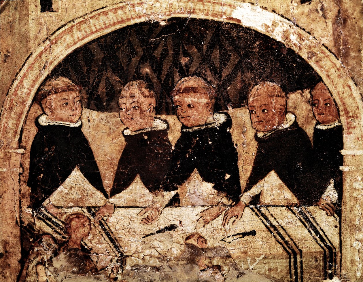Guzmani Szent Domonkos (1170-1221), a domonkos rend alapítója életének oltárképe: domonkos szerzetesek csoportja attable. Festészet a 13. századból. Nápoly, Museo Nazionale di Capodimonte alkotó: Unknown artist