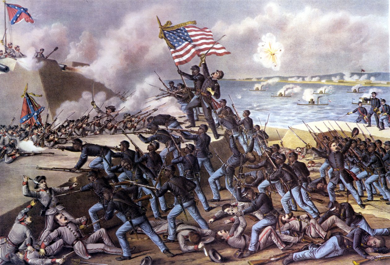 Amerikai polgárháború (1861-1865): 2000 fekete önkéntes támadása a Georgia melletti Jekyll-szigeten található Wagner-erőd ellen 1863 júliusában. 19. századi metszet. alkotó: Unknown artist