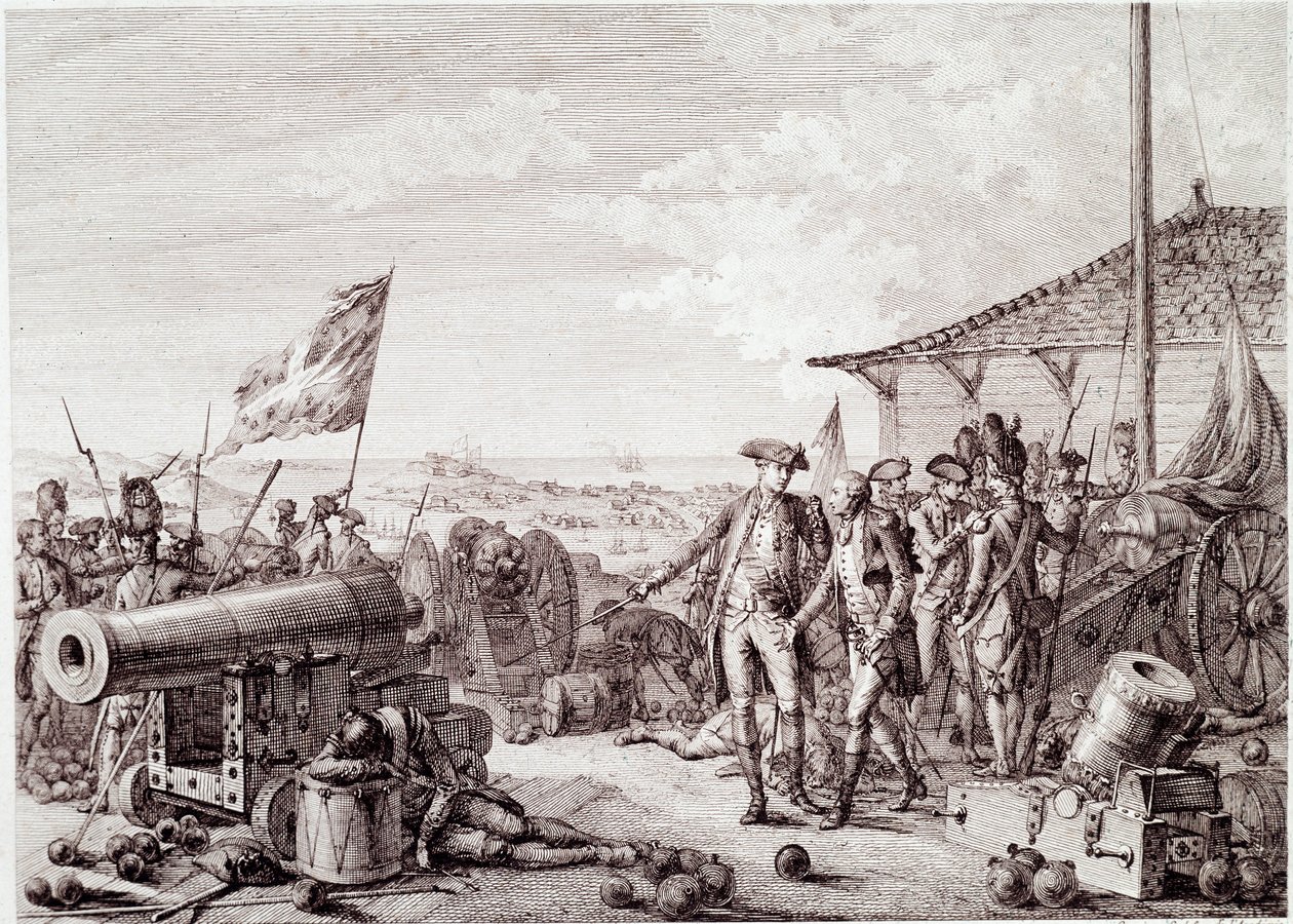 Amerikai függetlenségi háború: A grenadai csata 1779. július 6-án a brit királyi haditengerészet és a francia haditengerészet között (metszet alkotó: Unknown artist