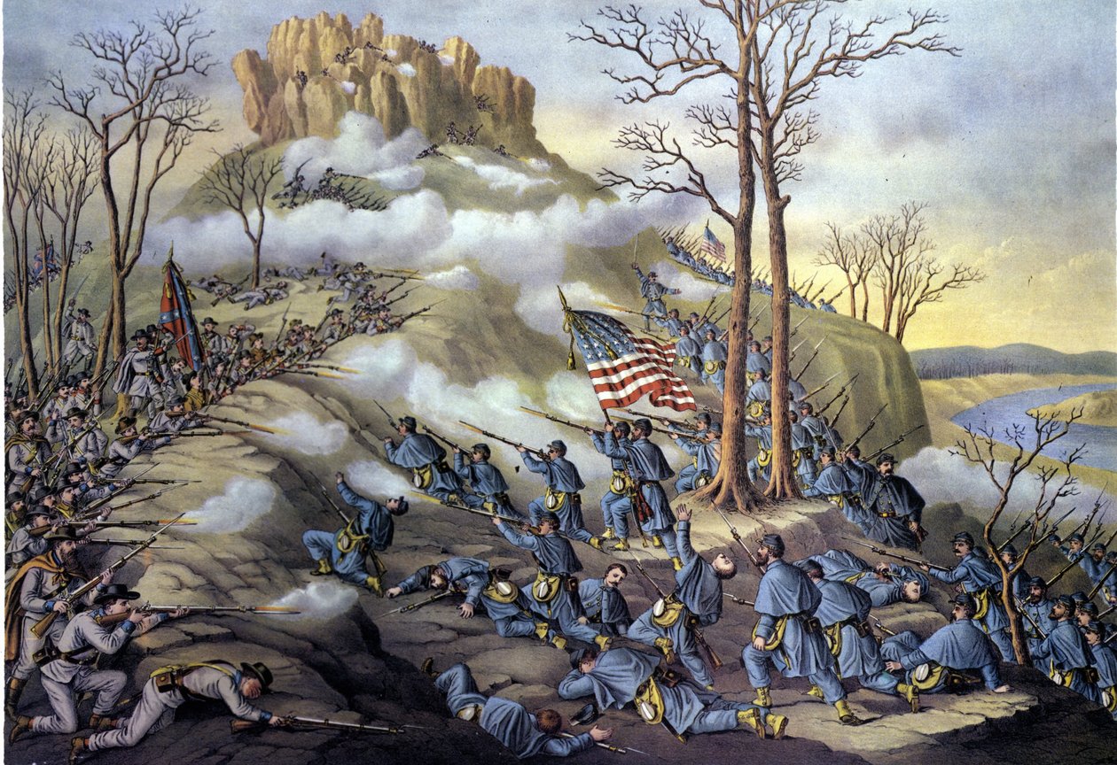 Amerikai szecessziós háború vagy polgárháború (1861-1865): 1863.11.23., a Lookout Mountain-i csata Tennessee-ben, ma a felhők feletti csataként ismert támadás a köd miatt, amely lehetővé tette a szövetségi csapatok gyorsabb előrenyomulását. századi metszet alkotó: Unknown artist